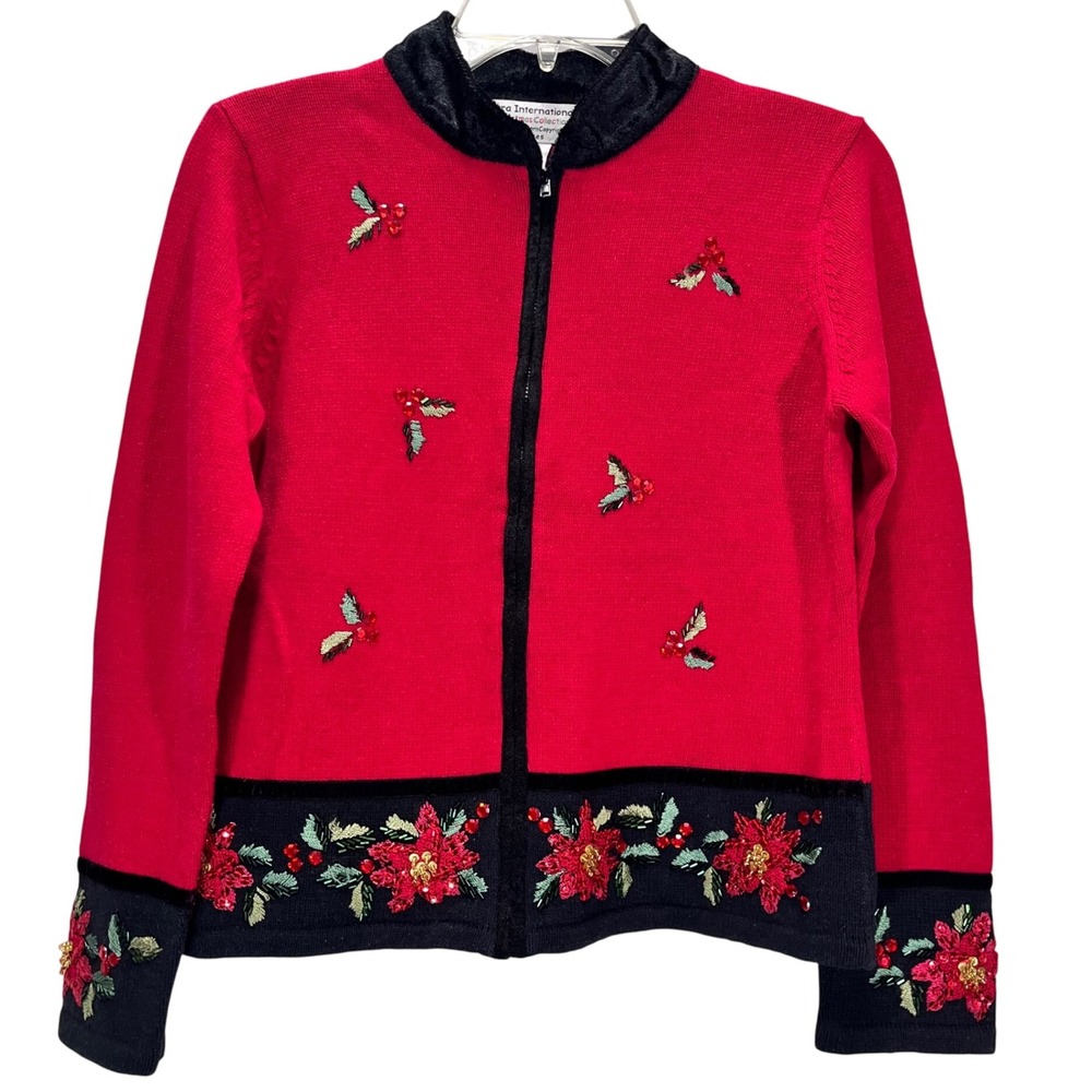 VTG Y2K Sweater Poinsettia Beaded Sequins Red Black Zip Up Cardigan PM Christmas